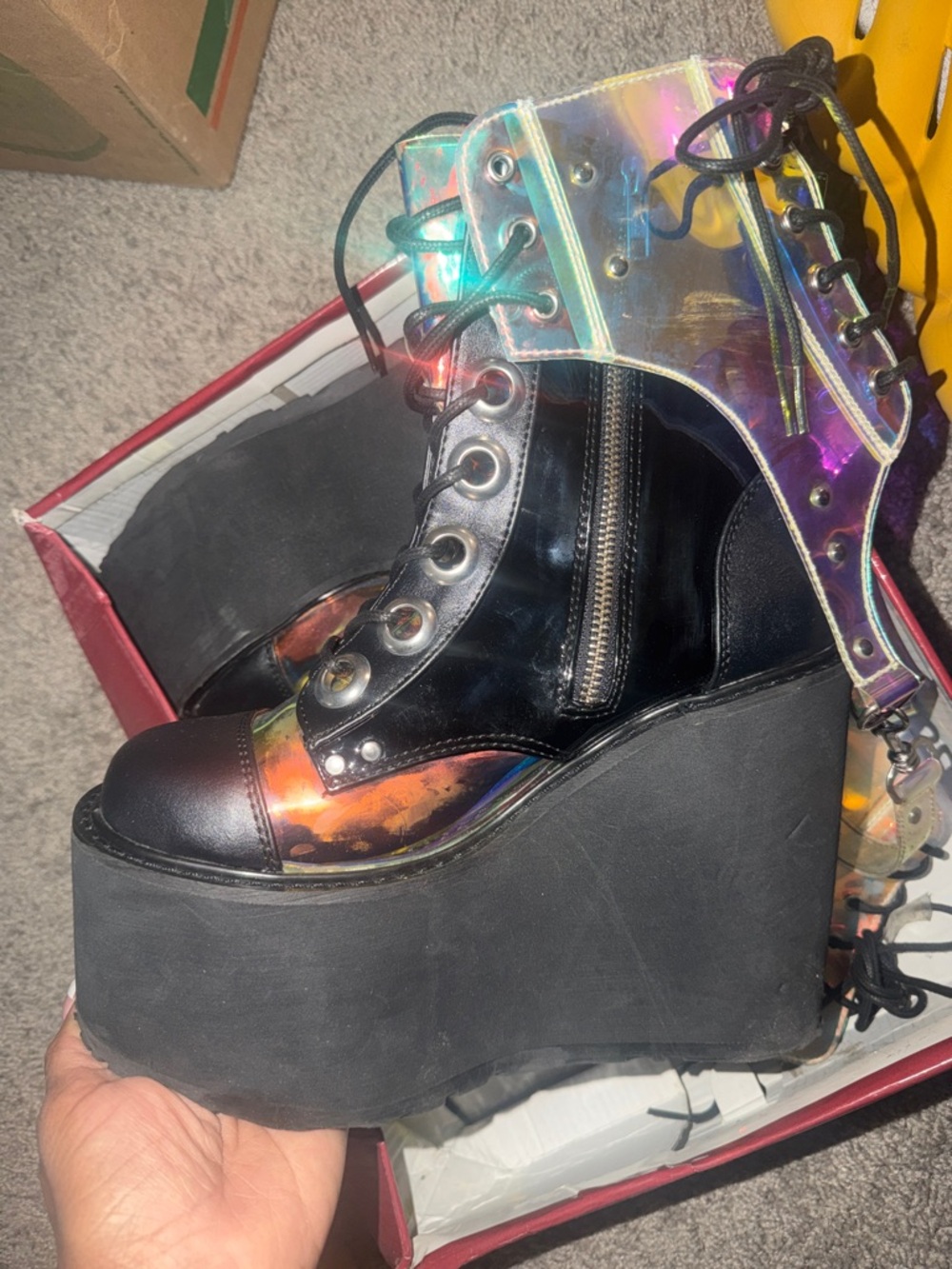 Demonia Iridescent Black Lace-Up Platform Ankle Boots - Picture 3 of 10